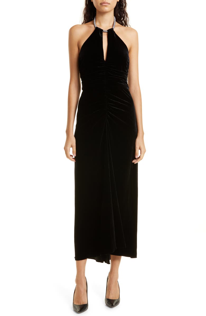 Veronica Beard Josette Beaded Halter Neck Velvet Dress, Main, color,