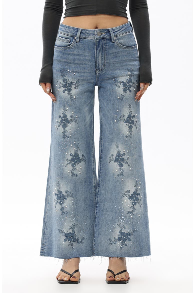 Embroidered Beaded Wide Leg Jeans, Main, color, LIGHT BLUE