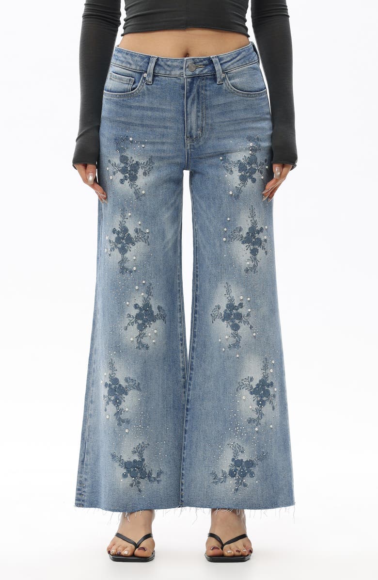Bayeas Embroidered Beaded Wide Leg Jeans, Main, color, 