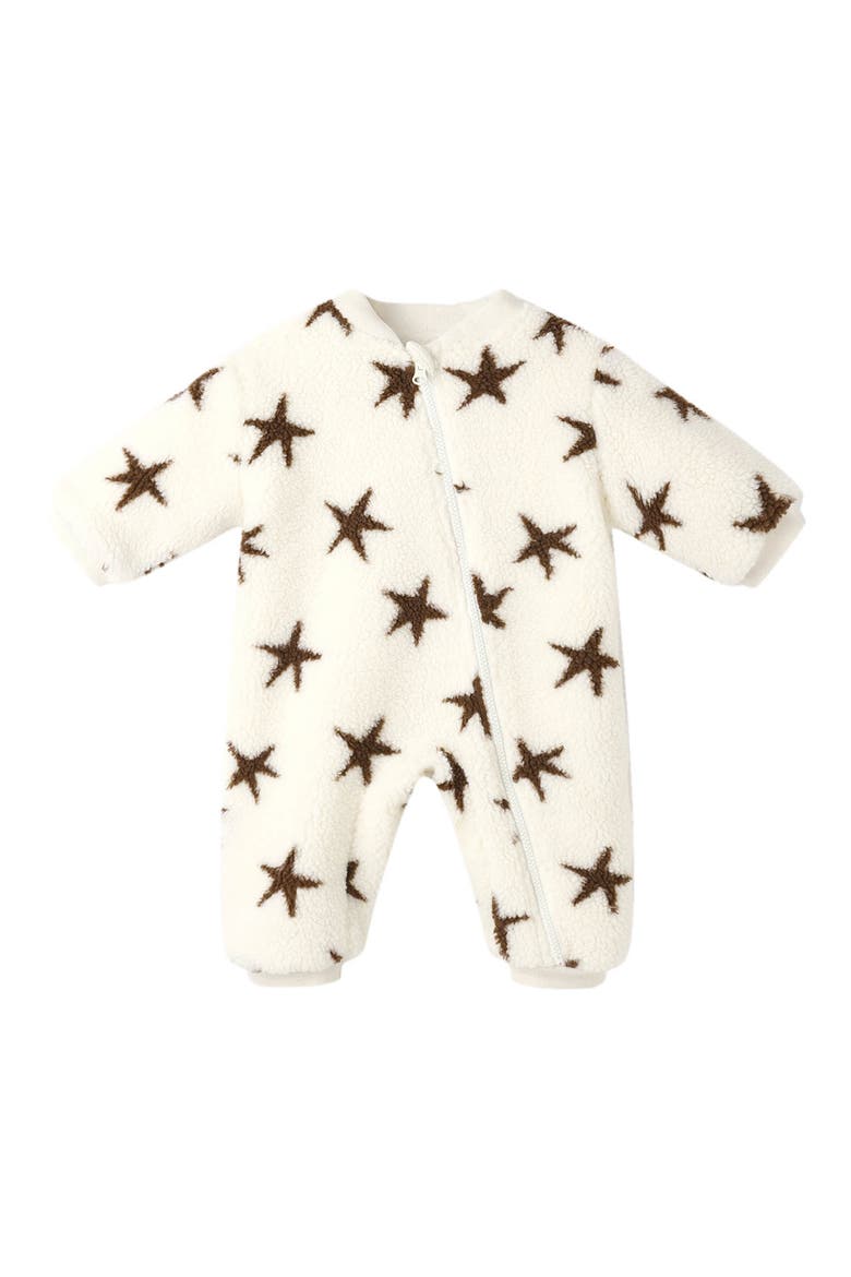 Star Print Fleece Footie, Main, color, NATURAL