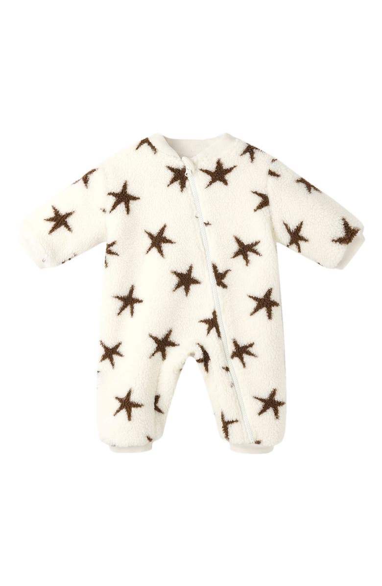Rylee + Cru Star Print Fleece Footie, Main, color, Natural