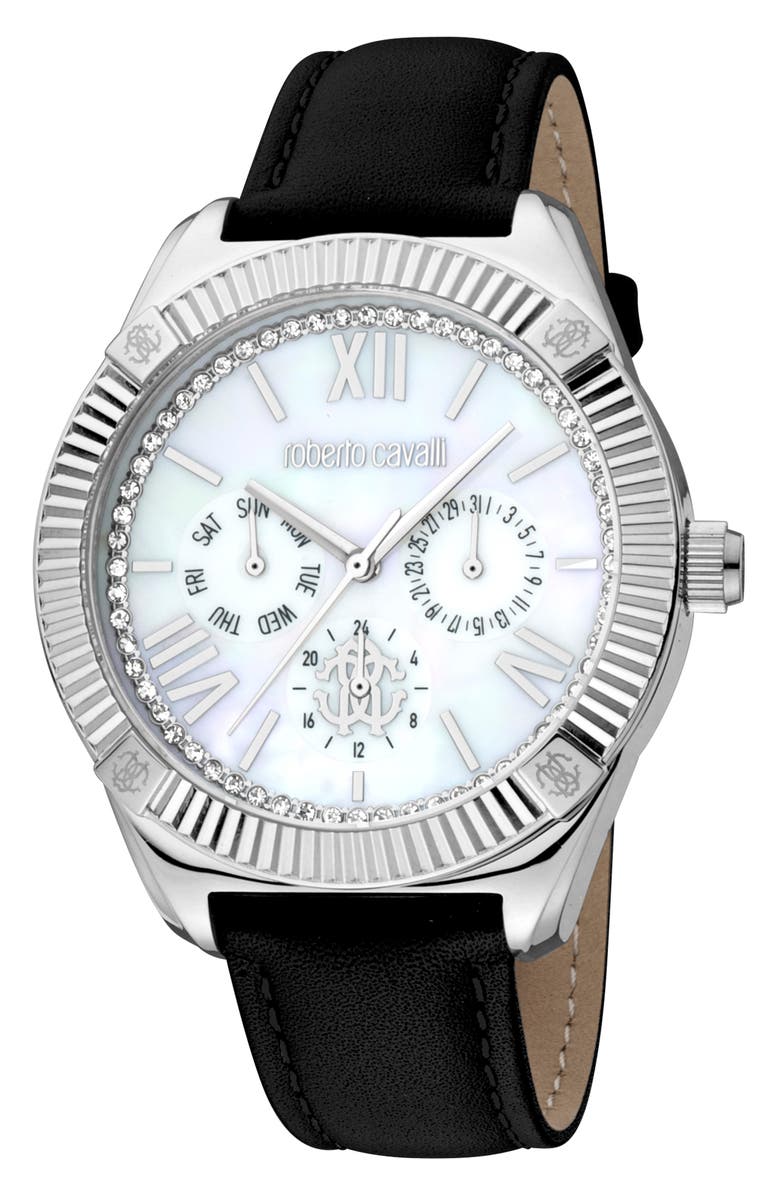 Roberto Cavalli Mother-of-Pearl Leather Strap Watch, 40mm, Main, color, 