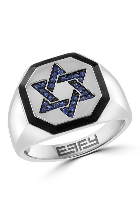 Sapphire Geometric Star Signet Ring in Sterling Silver