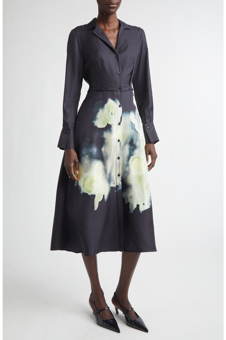 Watercolor Floral Print Long Sleeve Silk Shirtdress, Main, color, BLACK / LIGHT JADE