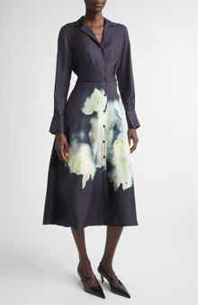 Watercolor Floral Print Long Sleeve Silk Shirtdress