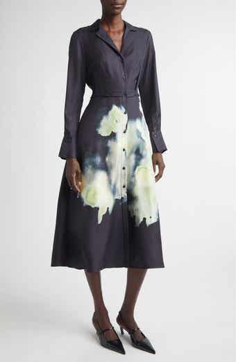 Watercolor Floral Print Long Sleeve Silk Shirtdress