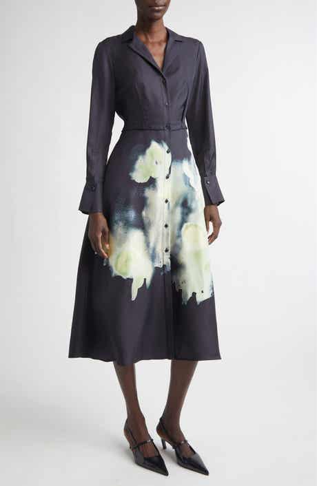 Watercolor Floral Print Long Sleeve Silk Shirtdress