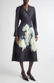 Jason Wu Collection Watercolor Floral Print Long Sleeve Silk Shirtdress
