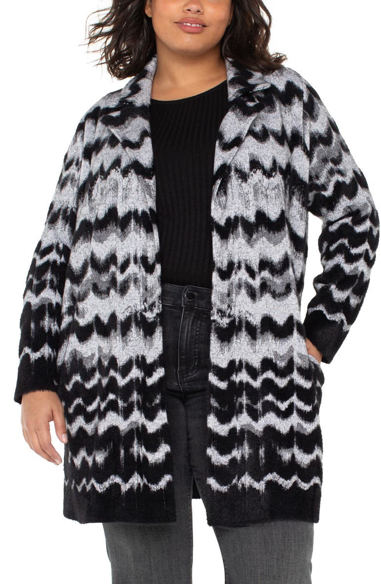 Liverpool Los Angeles Jacquard Open Front Sweater-Coat, Alternate, color, Black Grey Wavy Stripe