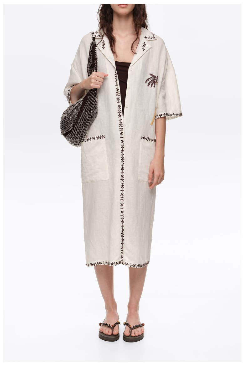 Linen Palm Tree Shirt Dress, Main, color, IVORY