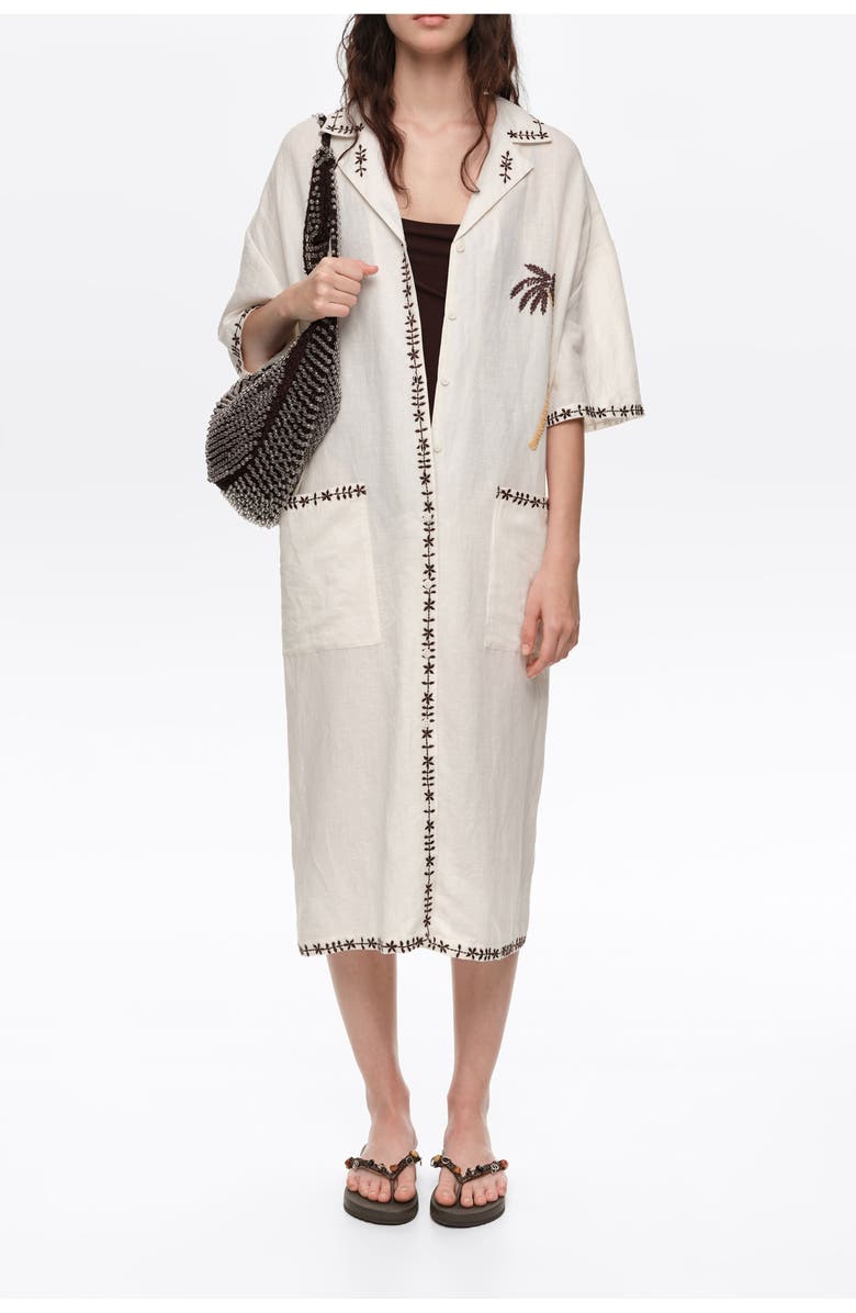Bimba y Lola Linen Palm Tree Shirt Dress, Main, color, Ivory