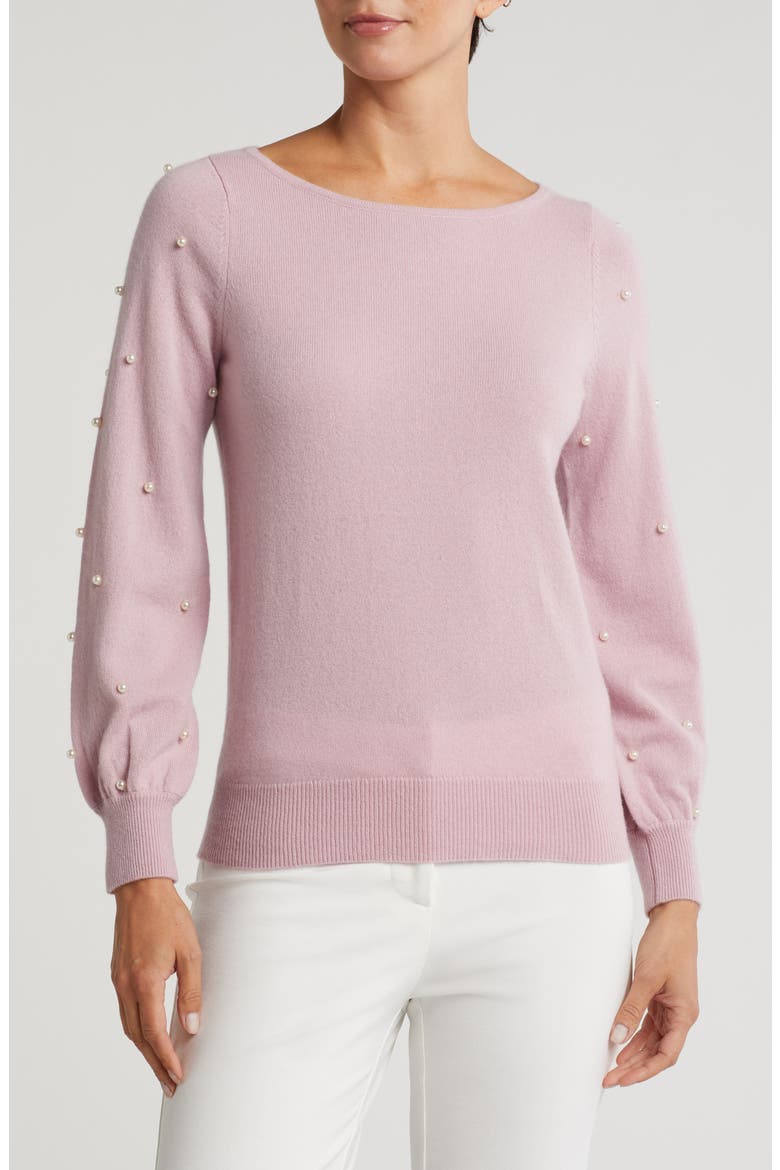Boat Neck Pearl Sleeve Cashmere Sweater, Main, color, LIGHT PINK