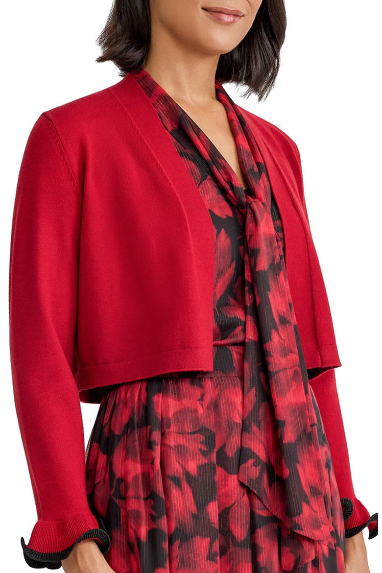 Sculptural Cuff Shrug Cardigan, Alternate, color, FIRE RED/ BLACK