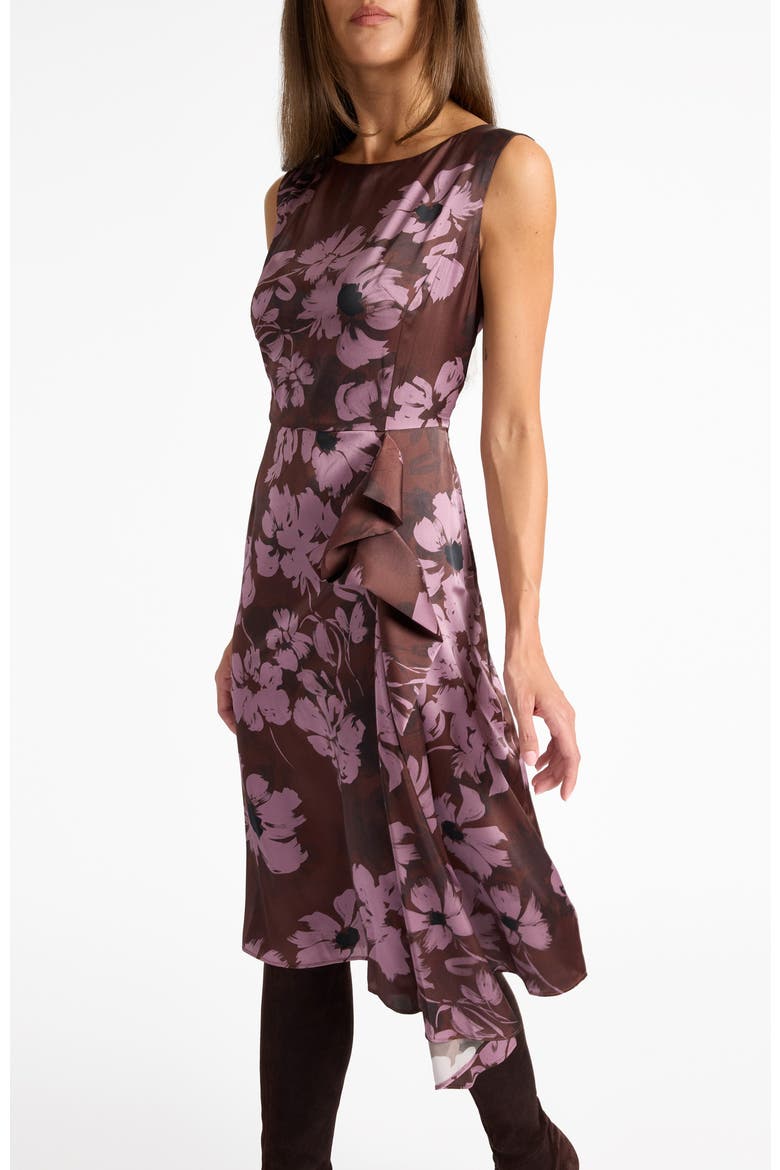 Nica Sleeveless Dress with Side Ruffle in Floral Twill Crepe, Alternate, color, RAISIN