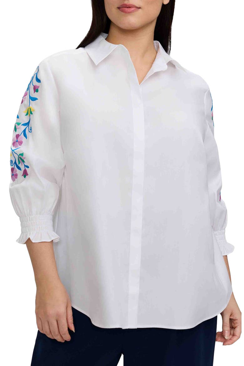 Olivia Embroidered Sleeve Stretch Cotton Blend Button-Up Shirt, Main, color, WHITE