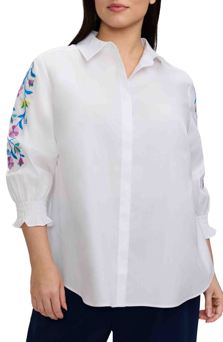 Foxcroft Olivia Embroidered Sleeve Stretch Cotton Blend Button-Up Shirt, Main, color, White
