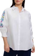 Foxcroft Olivia Embroidered Sleeve Stretch Cotton Blend Button-Up Shirt