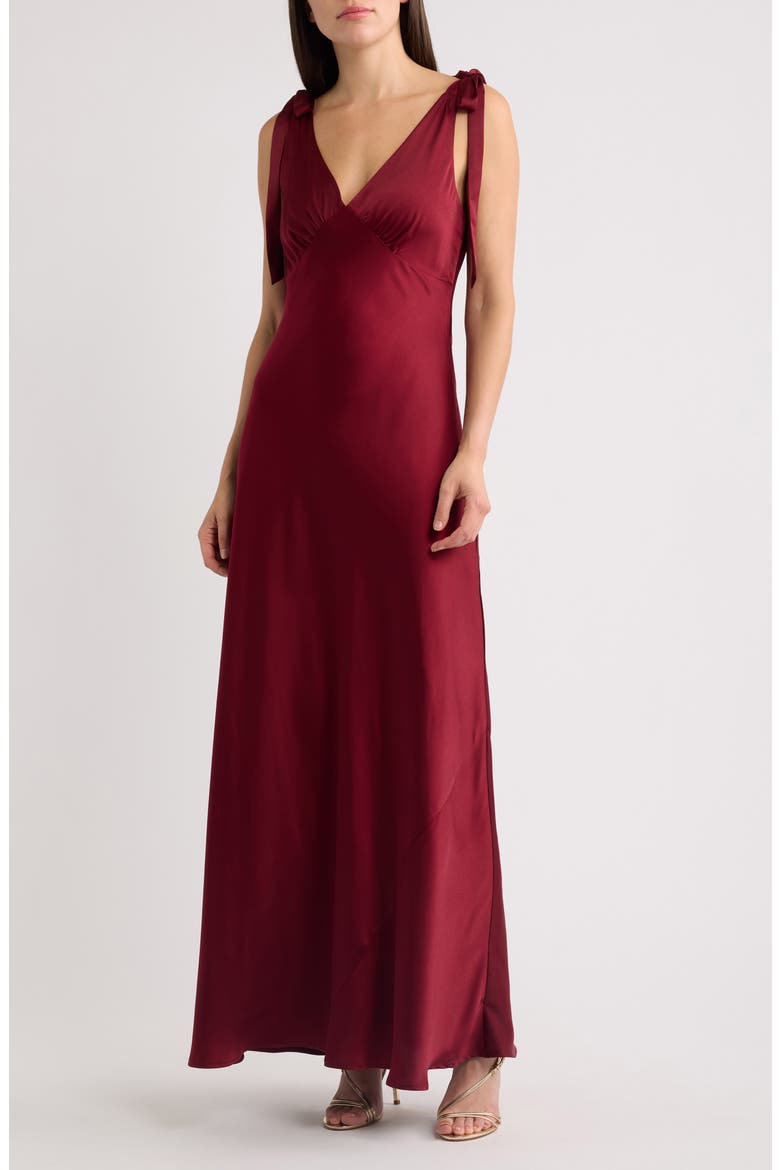 Ottilie Tie Strap Satin Gown, Main, color, BURGUNDY