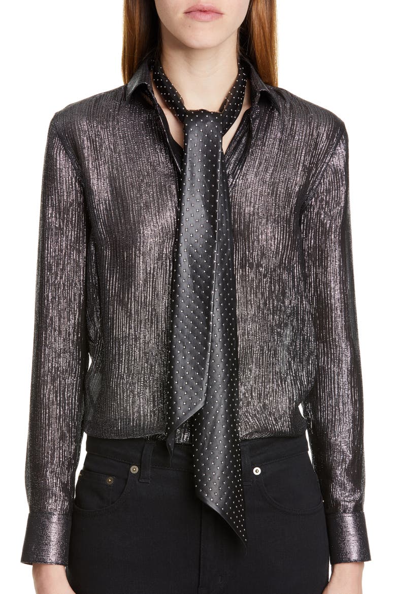 Micro Stud Leather Skinny Scarf, Alternate, color, NOIR/ ARGENT