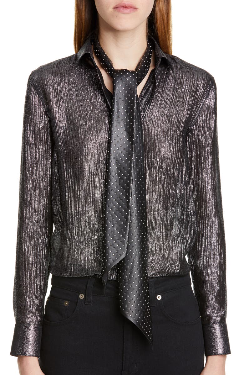 Saint Laurent Micro Stud Leather Skinny Scarf, Alternate, color,