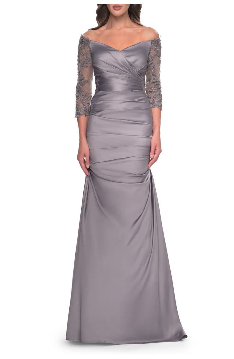 La Femme Mermaid Satin Dress with Gathering and Off the Shoulder Top, Main, color, Silver