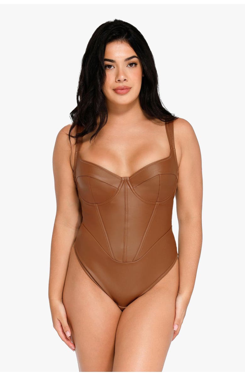 Popilush Shapewear Faux Leather Hourglass Corset Bodysuit, Main, color, Dark Brown