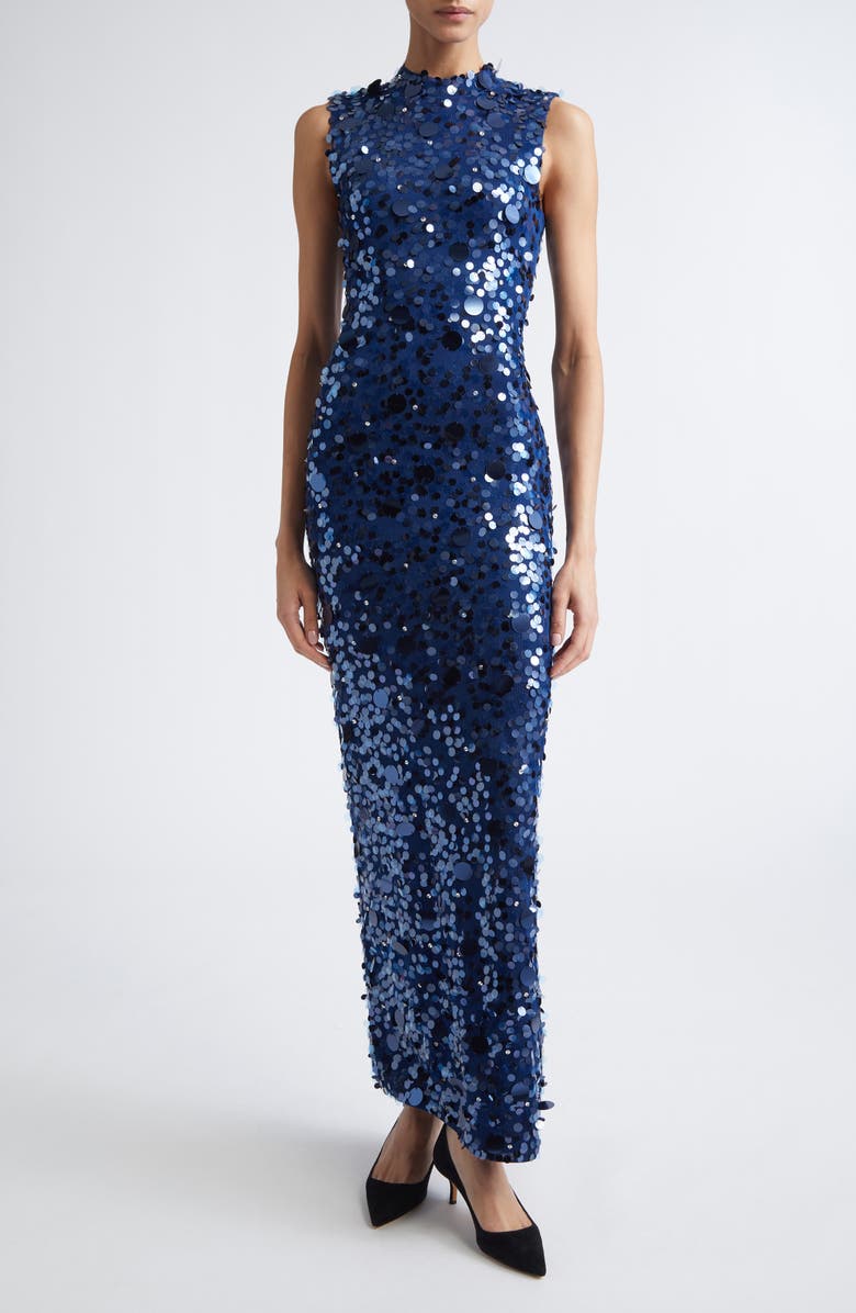 Carolina Herrera Paillette Embroidered Sleeveless Mesh Column Gown, Main, color, Dark Navy