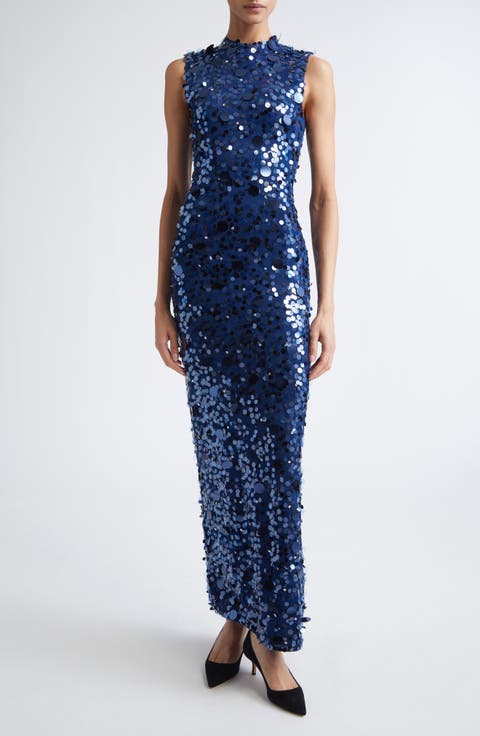 Paillette Embroidered Sleeveless Mesh Column Gown