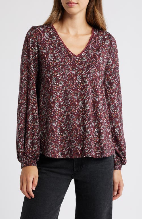 Bobeau Floral Print Rickrack Trim Top in Oxblood/Gray 