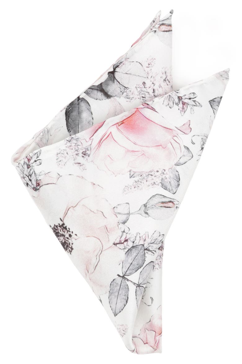 Painted Floral Silk Pocket Square, Main, color, GREY
