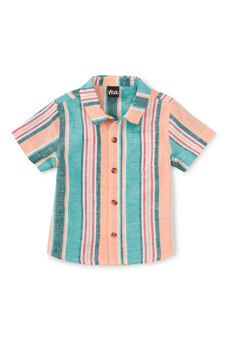 Tea Collection Stripe Button Up Woven Shirt, Alternate, color, Cyan