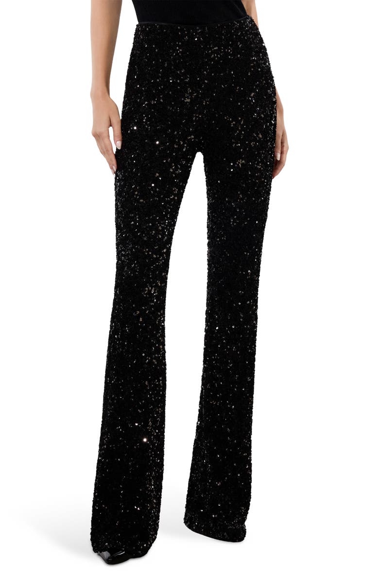 Alice + Olivia Sequin Bootcut Pants, Main, color, Black