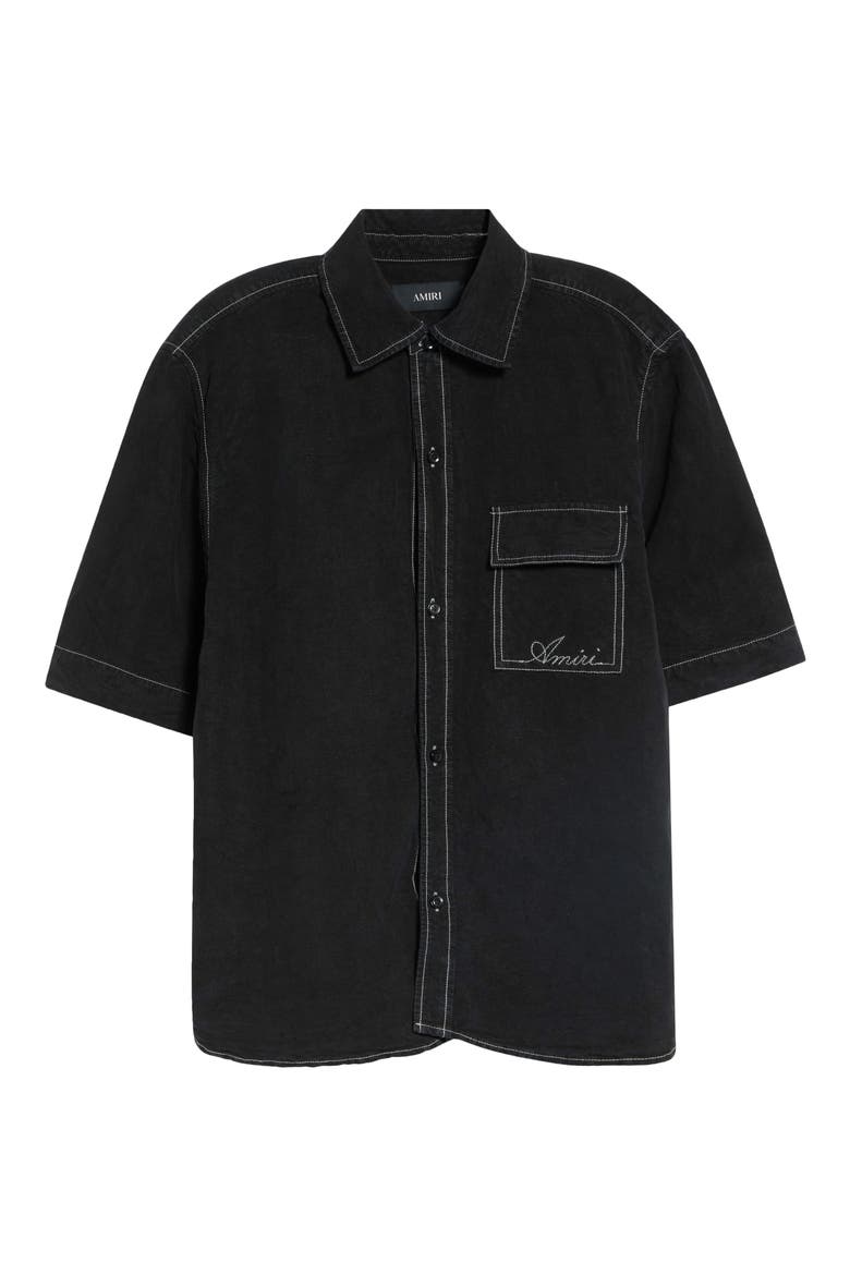 Script Garment Dyed Short Sleeve Linen Blend Button-Up Shirt, Main, color, BLACK