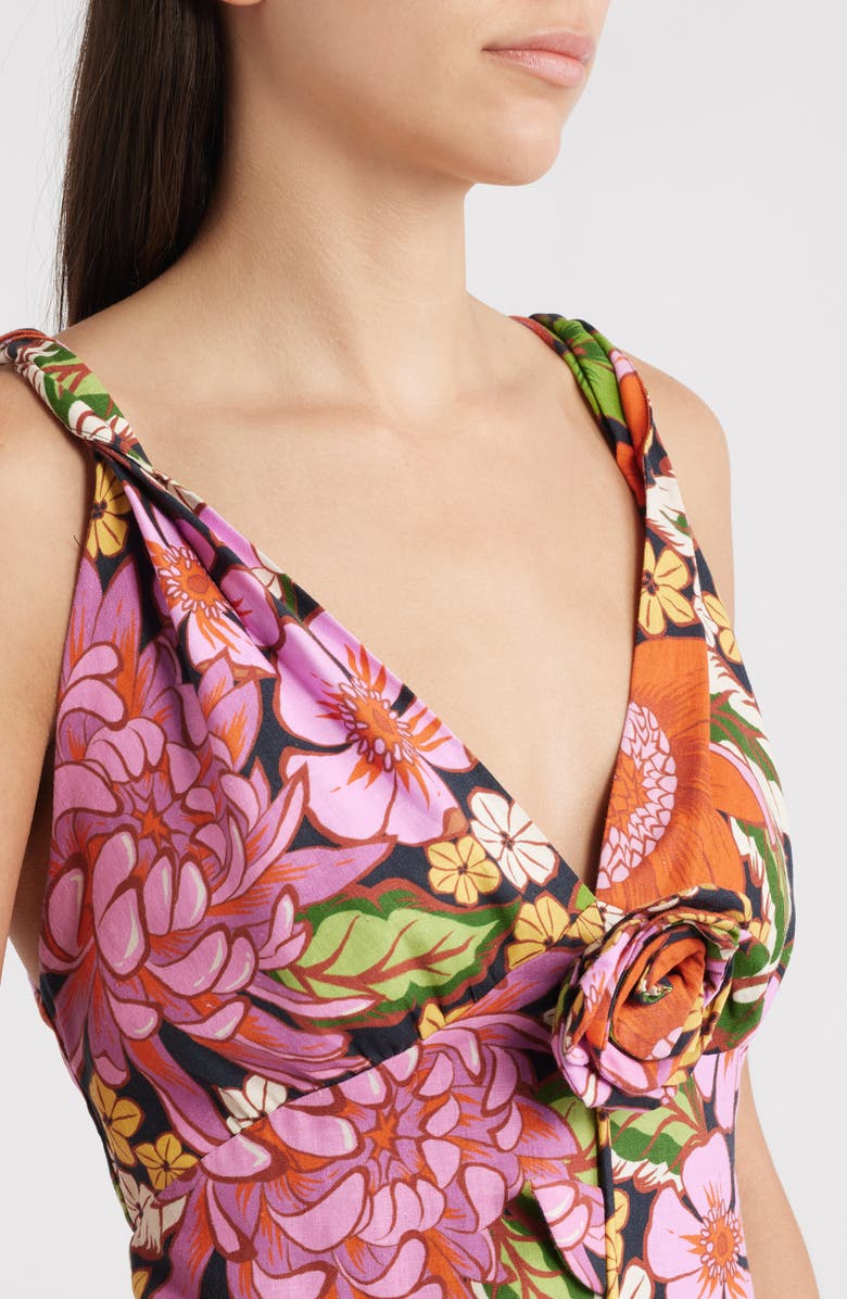 Vivi Rosette Detail Floral Linen Blend Maxi Dress