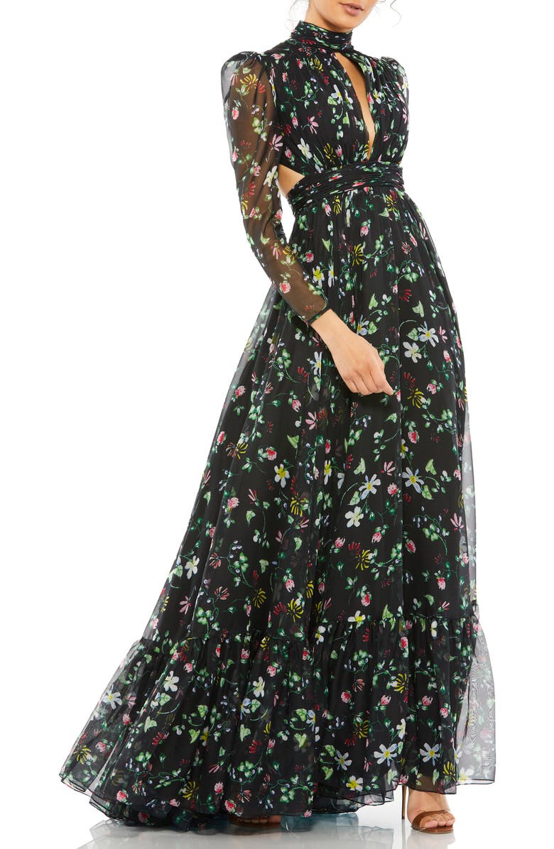 Mac Duggal Floral Chiffon High-Neck Gown with Sheer Puff Sleeves and Lace-Up Cutouts, Main, color, Black Floral