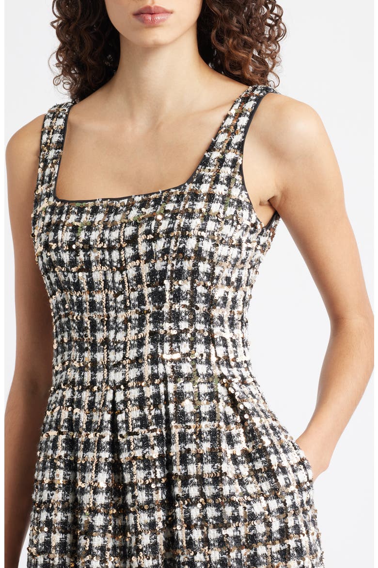 Sequin Bouclé Fit & Flare Dress, Alternate, color, WHITE BLACK