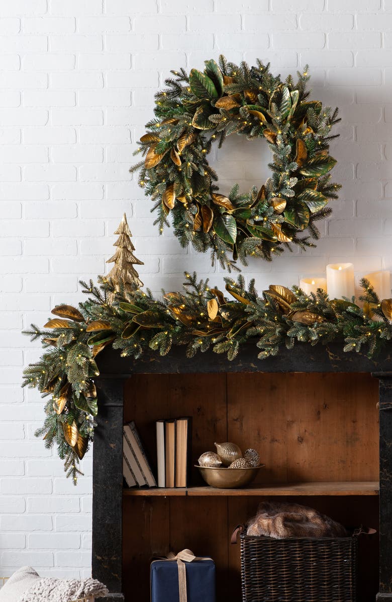 Balsam Hill Magnolia Gilded Leaf Pre Lit Artificial Wreath, Alternate, color, 