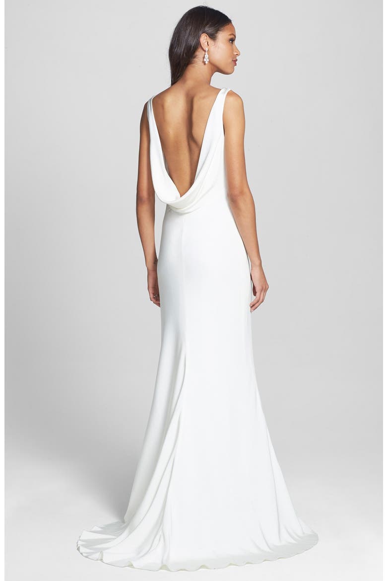 Draped Neck Silk Crepe Wedding Dress, Alternate, color, SILK WHITE