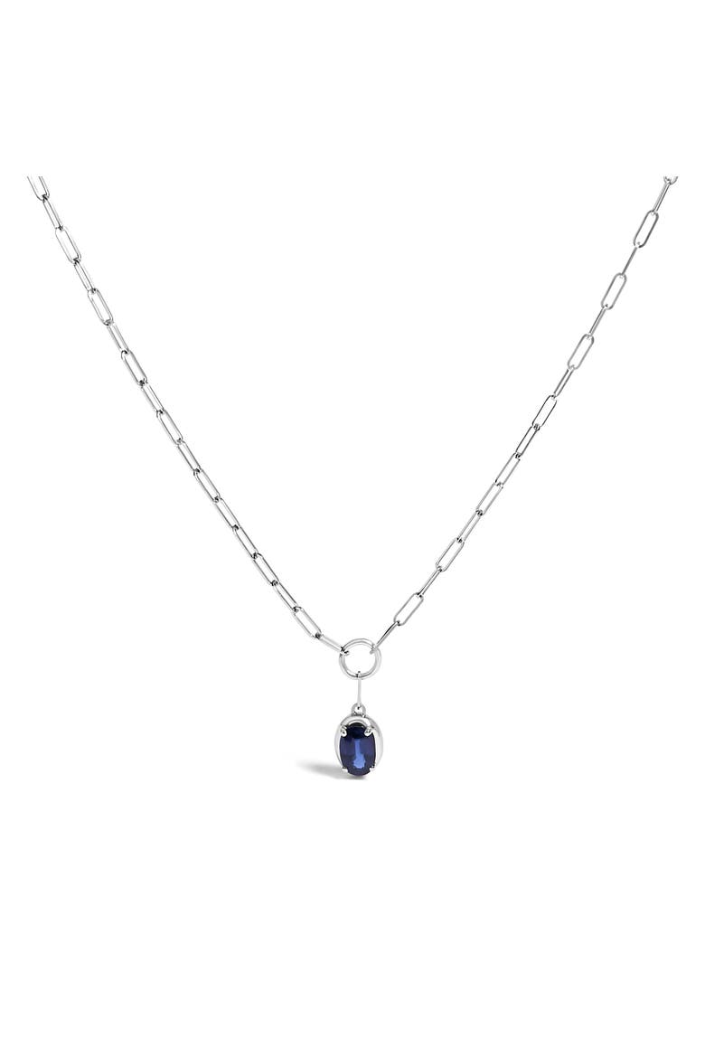 10K White Gold Oval Blue Sapphire Solitaire Paperclip Pendant Necklace, Main, color, White