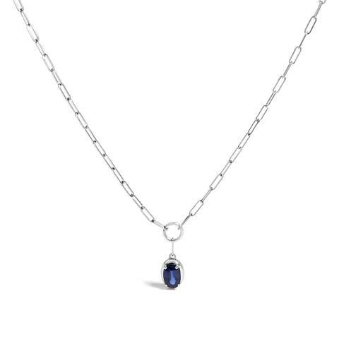 10K White Gold Oval Blue Sapphire Solitaire Paperclip Pendant Necklace