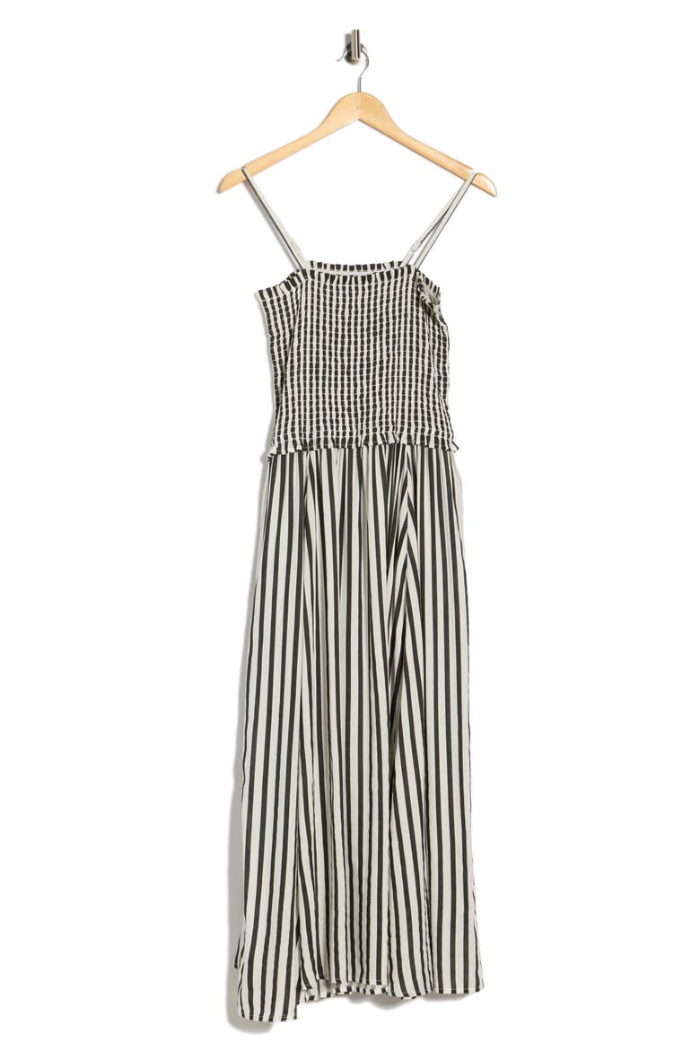 Stripe Smocked Cover-Up Midi Dress, Alternate, color, BLACK