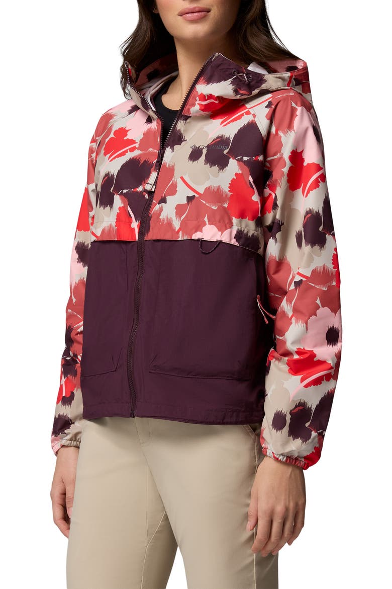 Spire Valley Print Water Repellent Windbreaker, Alternate, color, WASHED RED IKATBLOOM