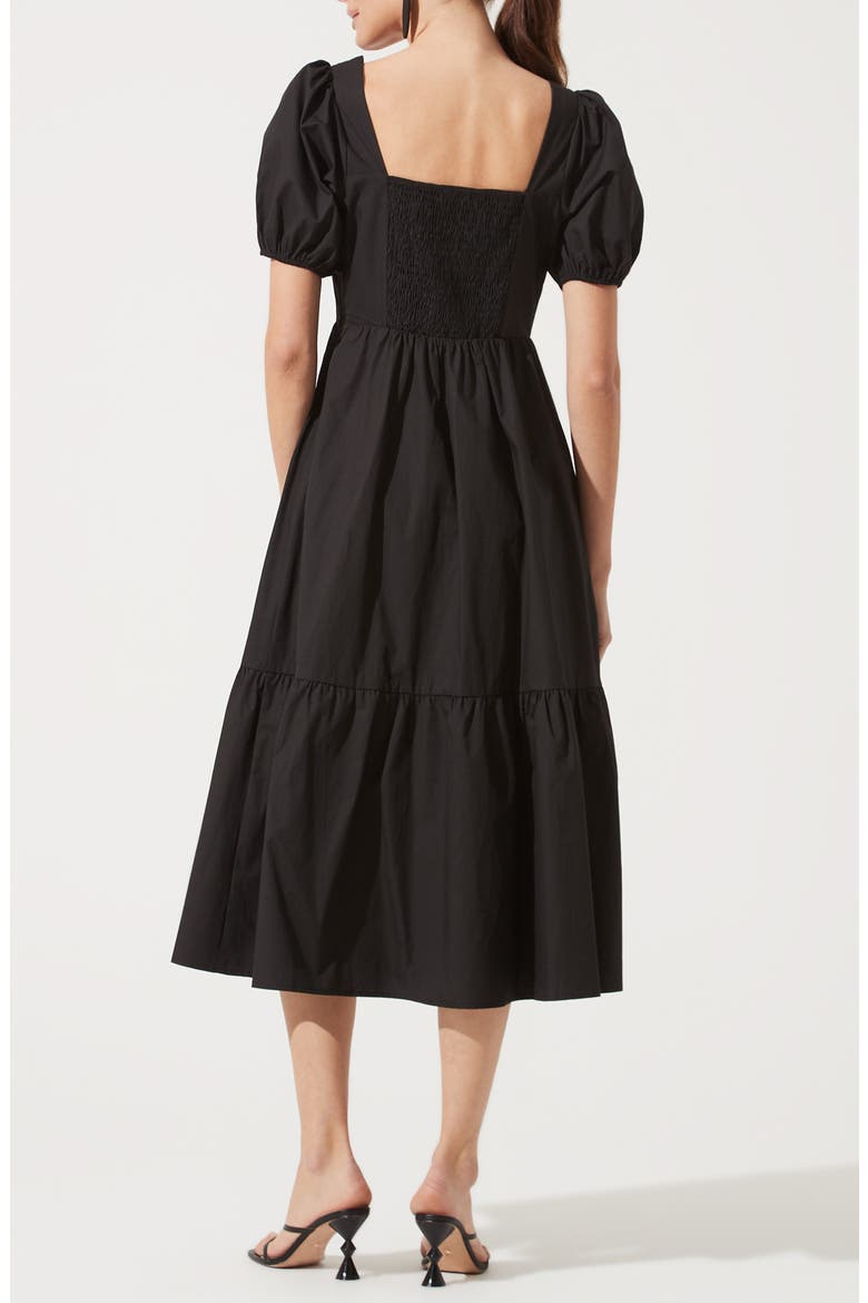 Astr Poplin Puff Sleeve Tiered Midi Dress, Alternate, color, BLACK