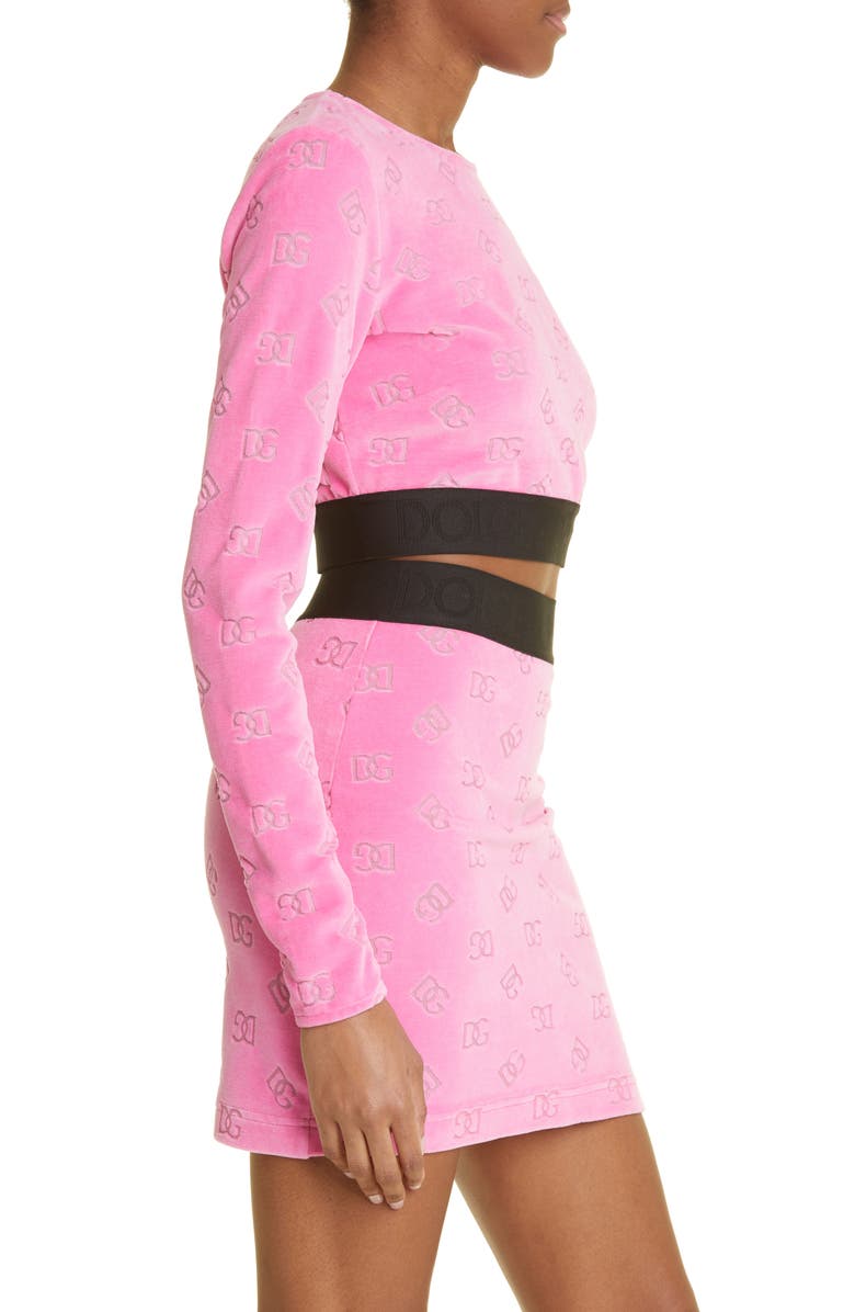 Dolce&Gabbana Flocked DG Monogram Long Sleeve Jersey Crop Top, Alternate, color,