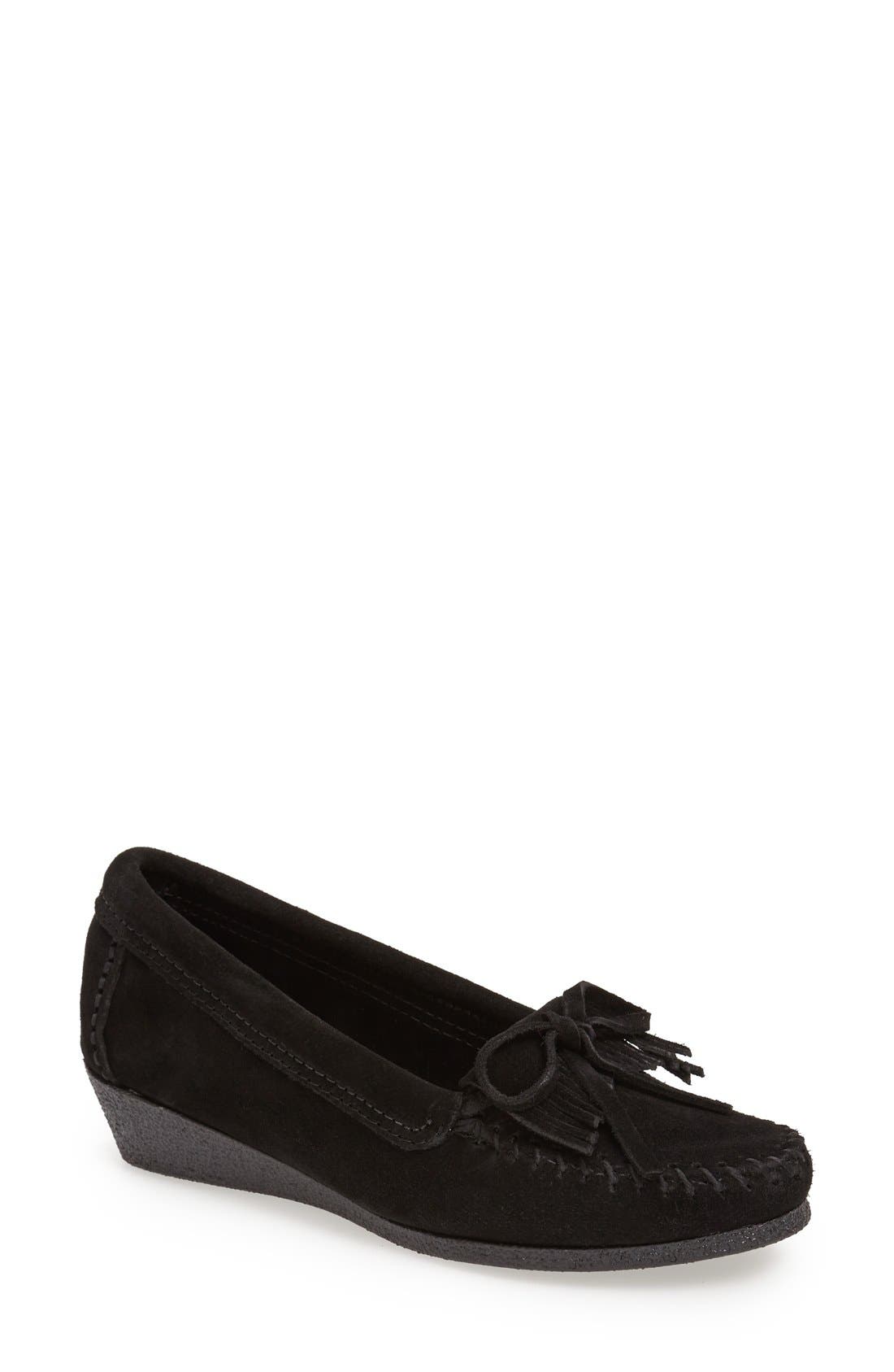 'Kilty' Suede Wedge Moccasin, Main, color, BLACK