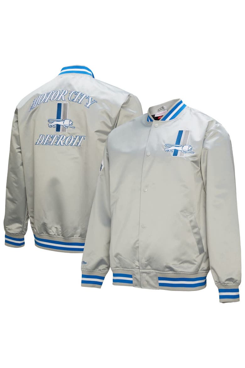 Men's Mitchell & Ness Gray Detroit Lions Double Down Satin Full-Snap Jacket, Main, color, Gray