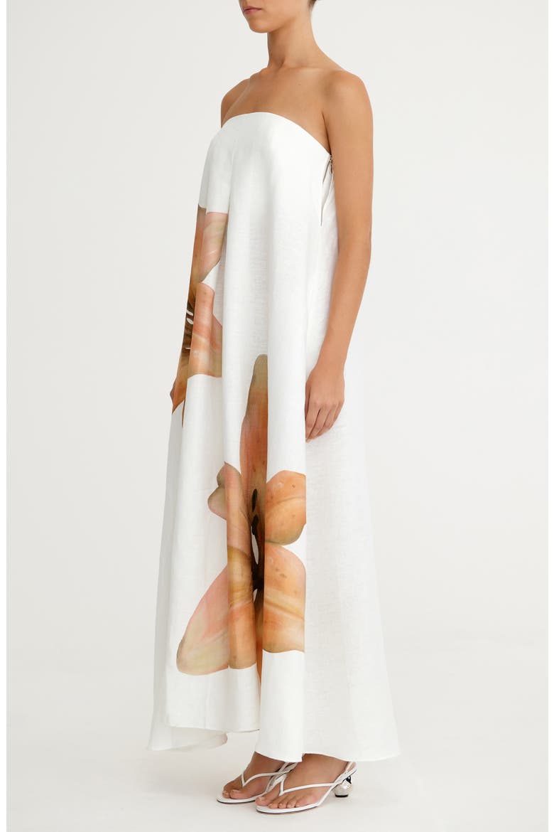 Parisa Placed Floral Strapless Linen Maxi Dress, Alternate, color, TIGERLILY
