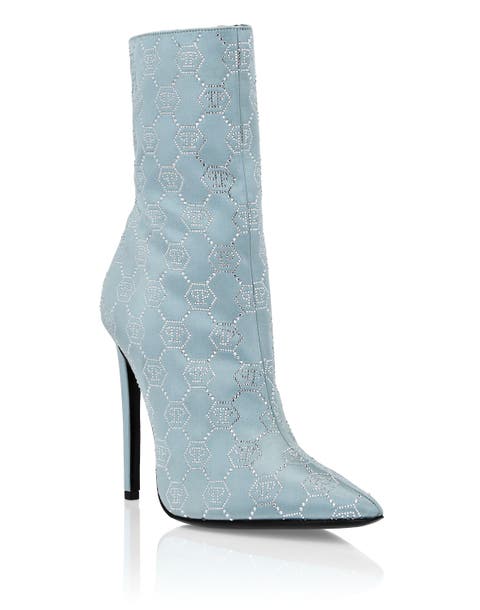 Satin Boots High Heels Mid Monogram Strass Women