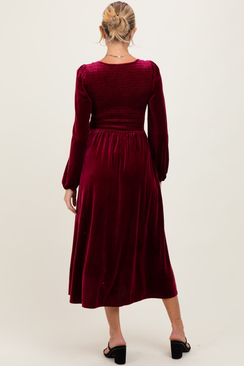 Velvet Smocked Long Sleeve Midi Dress, Alternate, color, Burgundy