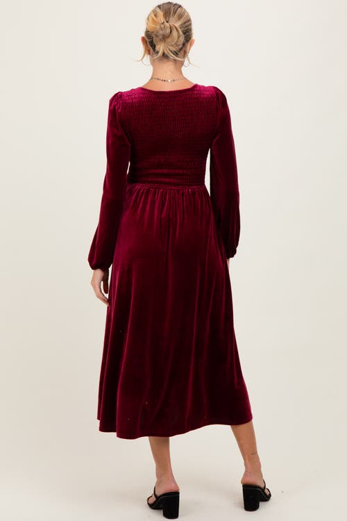 Pinkblush Velvet Smocked Long Sleeve Midi Dress In Brown